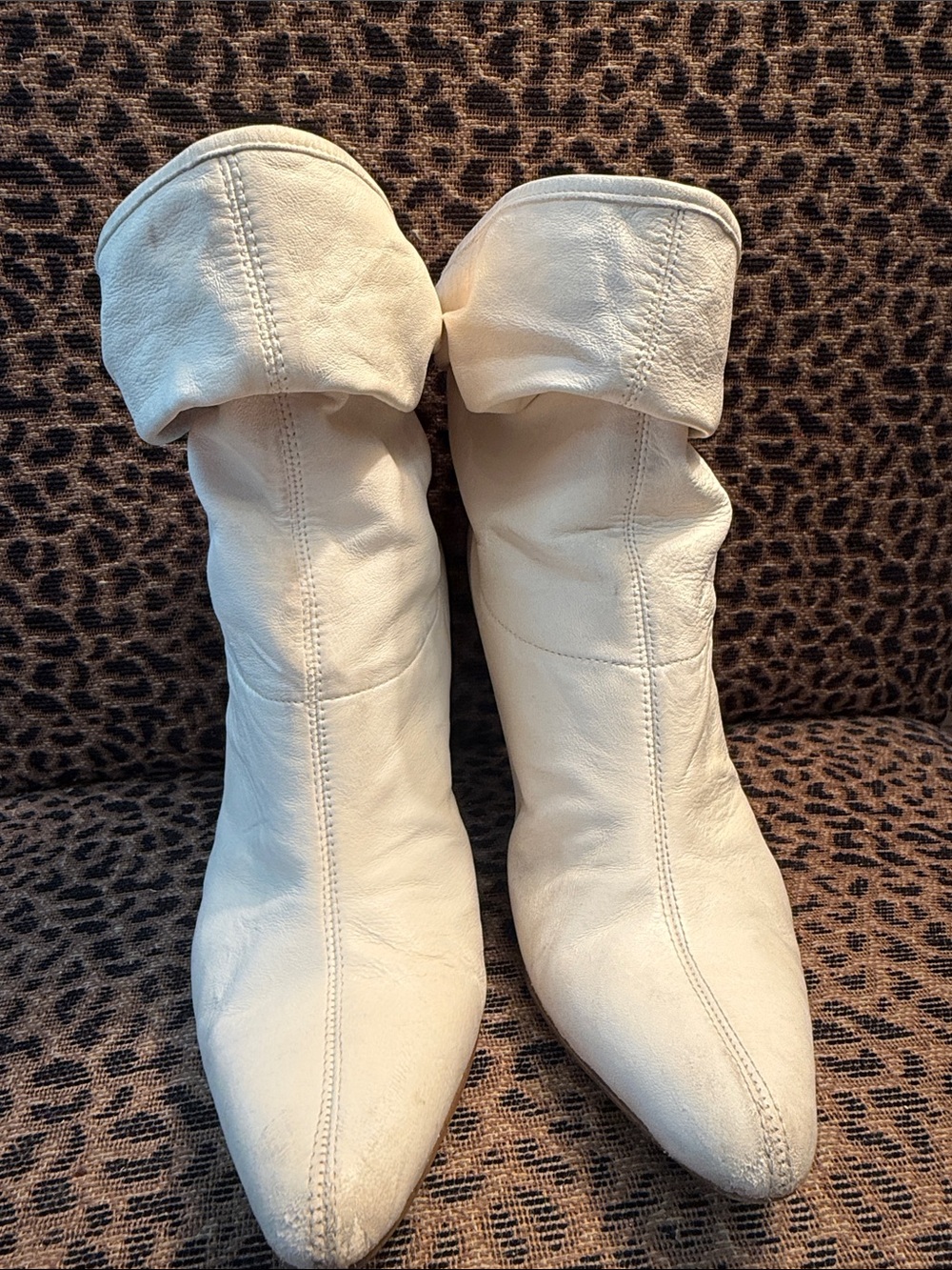 Nine West Women's Cream Leather Fold-Over Slip-On Booties
